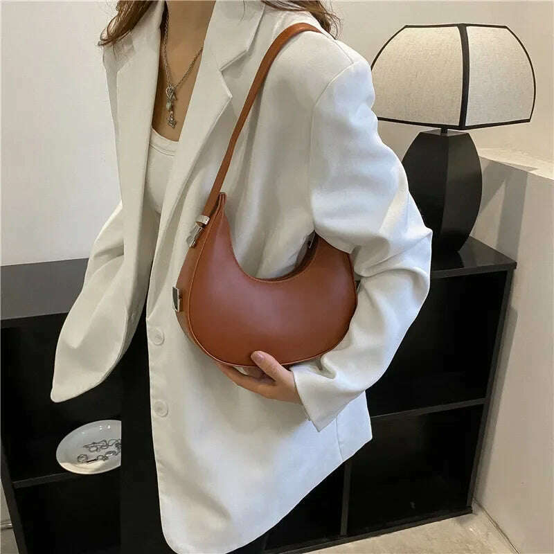 Spring New Solid Color Half-moon Bags for Women Fashion Shoulder Bags Luxury PU Leather Underarm Bag Advanced Brand Handbag Purs - KIMLUD