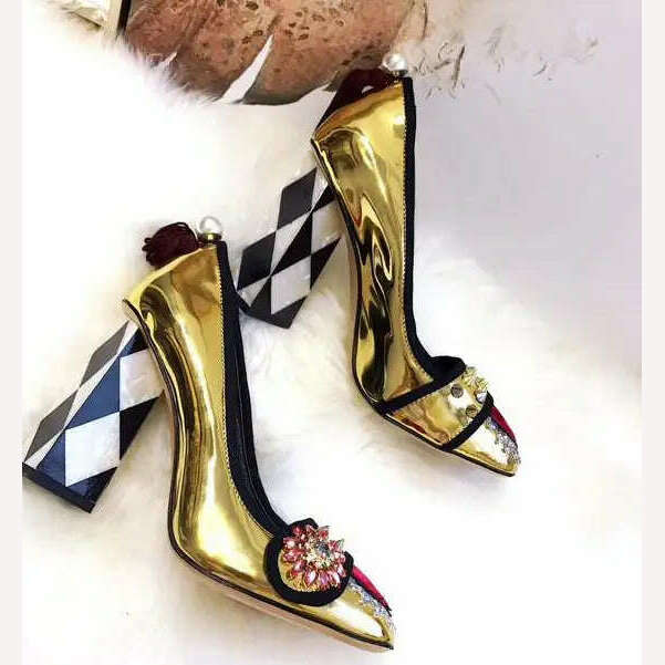 KIMLUD, Spring New Women Brand Purple Sliver Gold Patchwork Tassel On Heel Pearls Rivets Slip On 100 mm Embellished Mirror Leather Pumps, Gold / 7.5, KIMLUD APPAREL - Womens Clothes