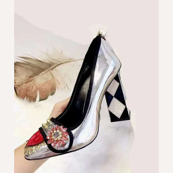 KIMLUD, Spring New Women Brand Purple Sliver Gold Patchwork Tassel On Heel Pearls Rivets Slip On 100 mm Embellished Mirror Leather Pumps, KIMLUD Womens Clothes