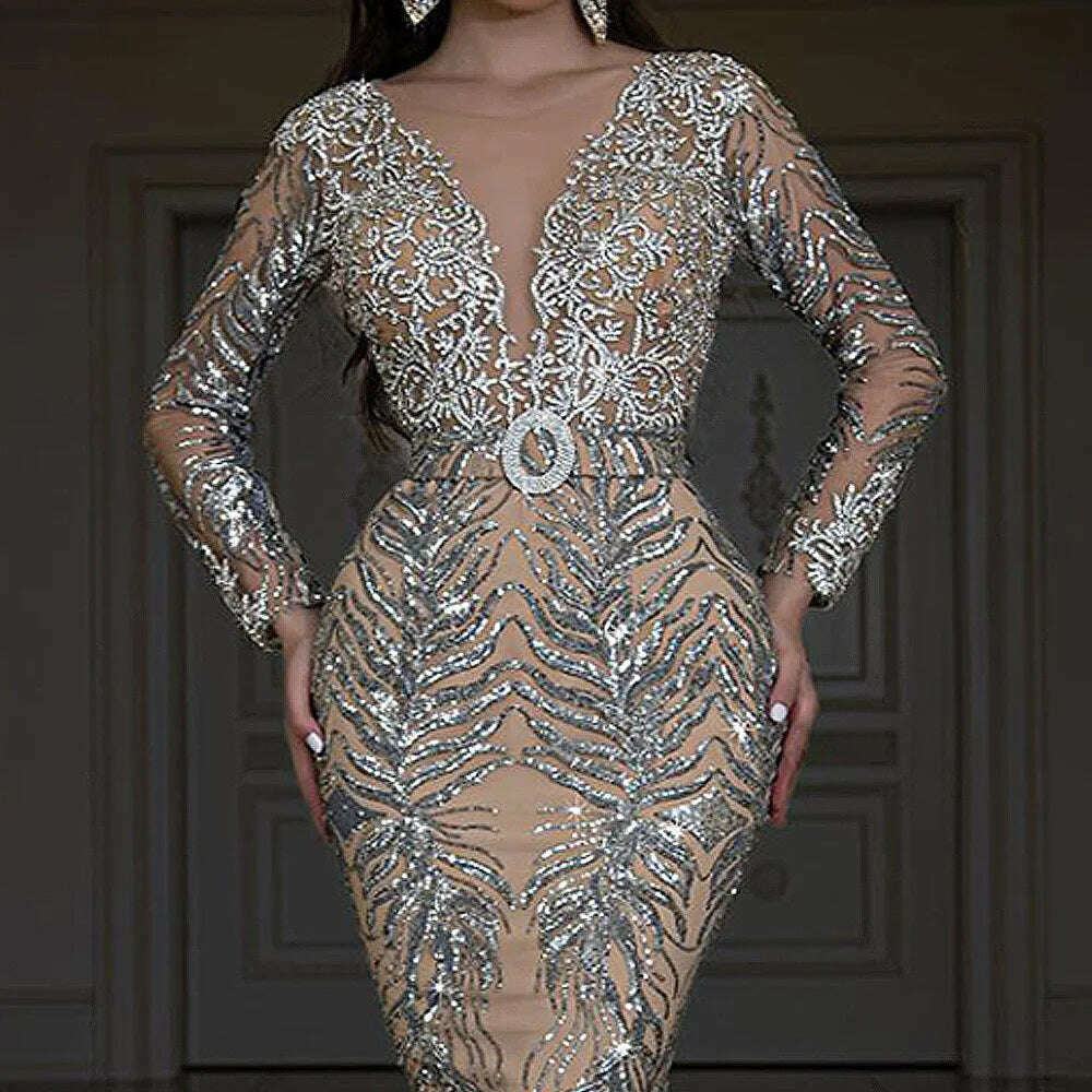 KIMLUD, Spring Sexy V-Neck Bronzed Sequin Slim Long Sleeve Temperament Bag Hip Long Mopping Dress, KIMLUD Womens Clothes