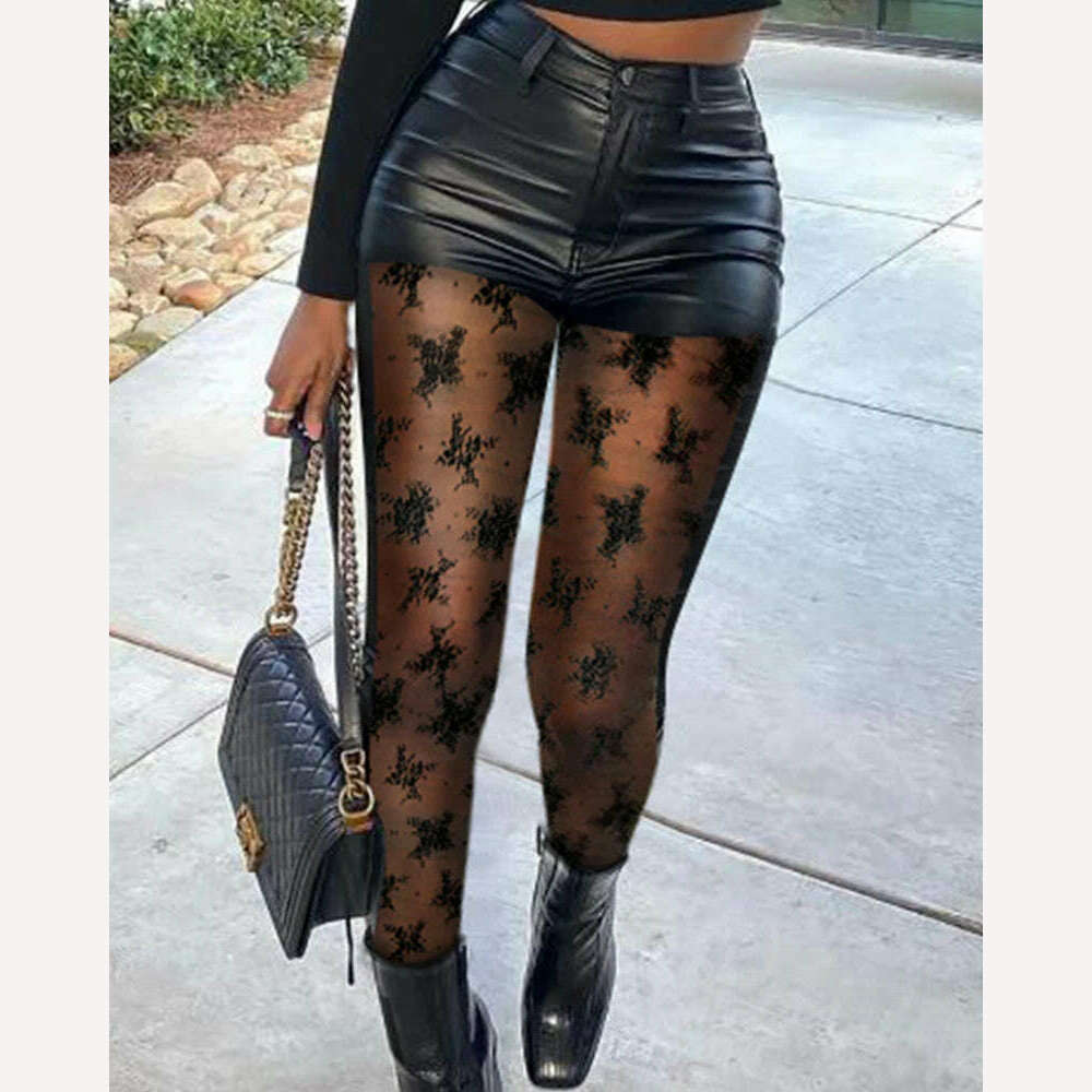 KIMLUD, Spring Women Contrast Mesh PU Leather Skinny Pants 2022 New Sexy Femme High Waist Buttoned Trousers Lady Club Clothing y2k, KIMLUD Womens Clothes