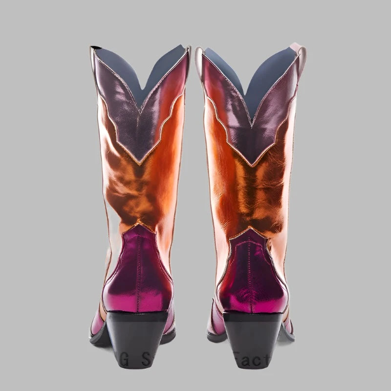 KIMLUD, Spring Women Multi Boots Shiny Metallic Leather Wedge Heel Mid-calf Boot Female Pointy Toe Western Cowboy Boots Zapatos De Mujer, KIMLUD Womens Clothes