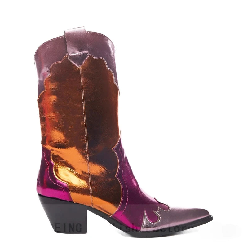 KIMLUD, Spring Women Multi Boots Shiny Metallic Leather Wedge Heel Mid-calf Boot Female Pointy Toe Western Cowboy Boots Zapatos De Mujer, KIMLUD Womens Clothes