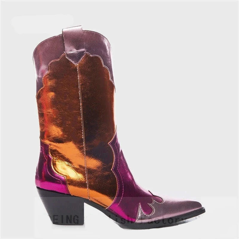 KIMLUD, Spring Women Multi Boots Shiny Metallic Leather Wedge Heel Mid-calf Boot Female Pointy Toe Western Cowboy Boots Zapatos De Mujer, KIMLUD Womens Clothes