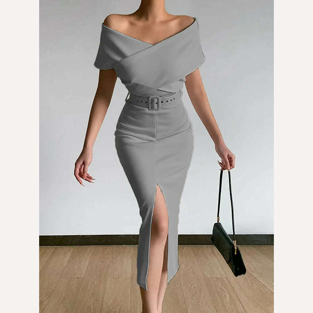 KIMLUD, Spring Women Off Shoulder Slim Evening Dress Solid Sexy Sleeveless Bodycon Bag Hip Dress Elegant Waist Summer Split Lady Dresses, 04 Grey / 3XL, KIMLUD APPAREL - Womens Clothes