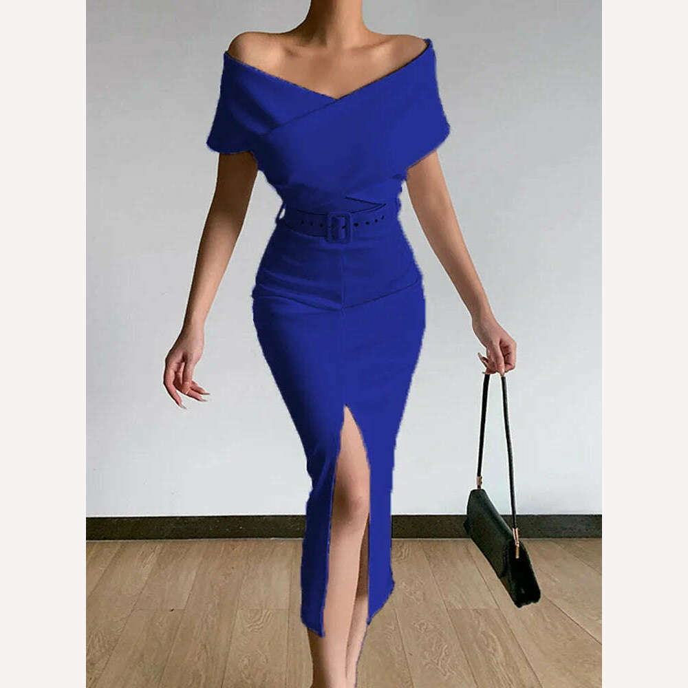 KIMLUD, Spring Women Off Shoulder Slim Evening Dress Solid Sexy Sleeveless Bodycon Bag Hip Dress Elegant Waist Summer Split Lady Dresses, 08 Blue / 3XL, KIMLUD APPAREL - Womens Clothes
