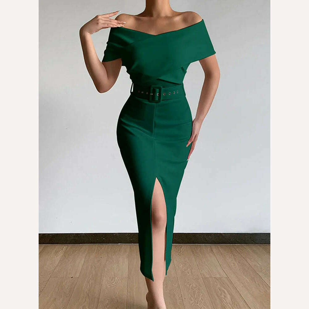 KIMLUD, Spring Women Off Shoulder Slim Evening Dress Solid Sexy Sleeveless Bodycon Bag Hip Dress Elegant Waist Summer Split Lady Dresses, KIMLUD Womens Clothes