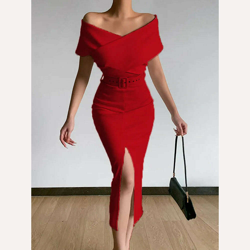 KIMLUD, Spring Women Off Shoulder Slim Evening Dress Solid Sexy Sleeveless Bodycon Bag Hip Dress Elegant Waist Summer Split Lady Dresses, KIMLUD Womens Clothes