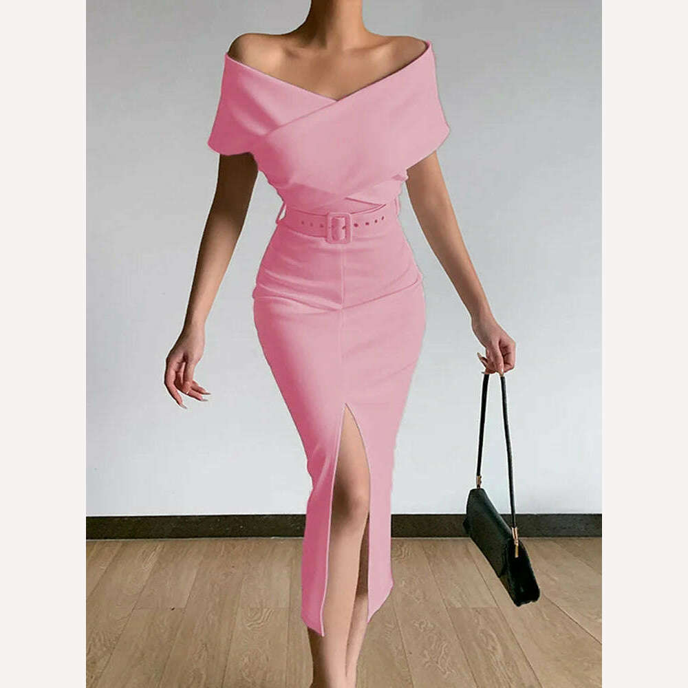 KIMLUD, Spring Women Off Shoulder Slim Evening Dress Solid Sexy Sleeveless Bodycon Bag Hip Dress Elegant Waist Summer Split Lady Dresses, KIMLUD Womens Clothes