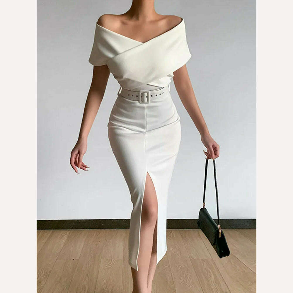 KIMLUD, Spring Women Off Shoulder Slim Evening Dress Solid Sexy Sleeveless Bodycon Bag Hip Dress Elegant Waist Summer Split Lady Dresses, KIMLUD Womens Clothes