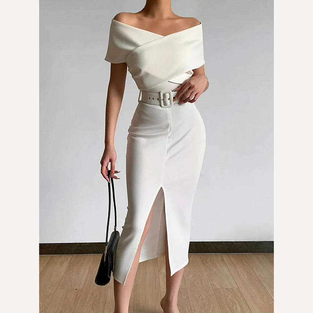 KIMLUD, Spring Women Off Shoulder Slim Evening Dress Solid Sexy Sleeveless Bodycon Bag Hip Dress Elegant Waist Summer Split Lady Dresses, KIMLUD Womens Clothes