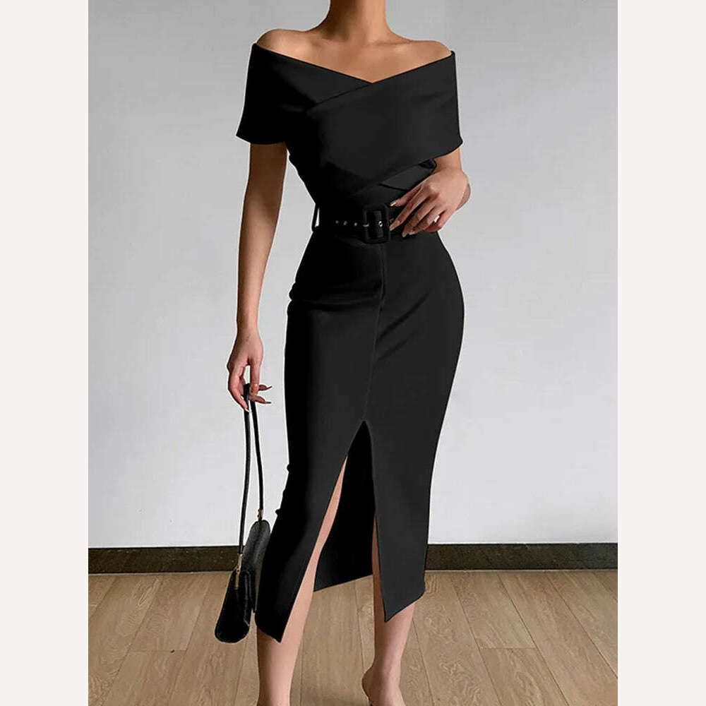 KIMLUD, Spring Women Off Shoulder Slim Evening Dress Solid Sexy Sleeveless Bodycon Bag Hip Dress Elegant Waist Summer Split Lady Dresses, KIMLUD Womens Clothes