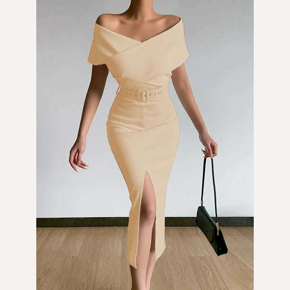 KIMLUD, Spring Women Off Shoulder Slim Evening Dress Solid Sexy Sleeveless Bodycon Bag Hip Dress Elegant Waist Summer Split Lady Dresses, KIMLUD Womens Clothes