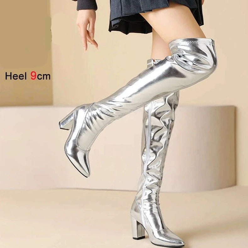 KIMLUD, Spring/Autumn Over-the-Knee Women's Boots Thick Heel Pointed Toe Zipper Square High Heel Thigh Boots Elastic Riding Boot Female, KIMLUD Womens Clothes