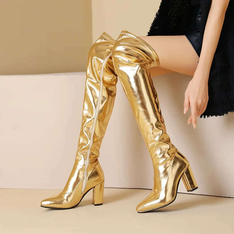 KIMLUD, Spring/Autumn Over-the-Knee Women's Boots Thick Heel Pointed Toe Zipper Square High Heel Thigh Boots Elastic Riding Boot Female, KIMLUD Womens Clothes