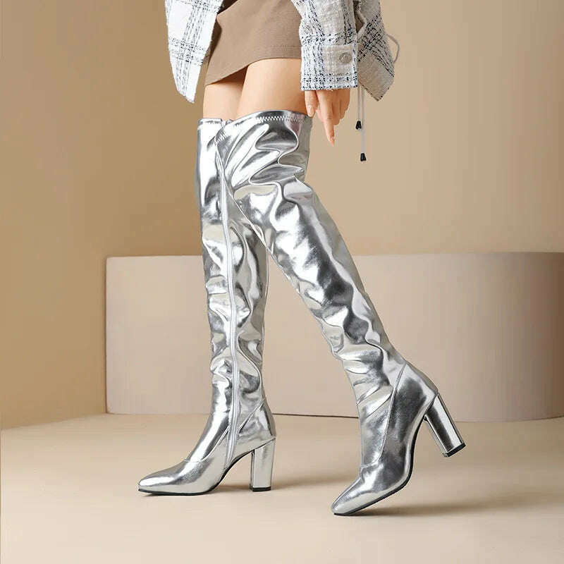 KIMLUD, Spring/Autumn Over-the-Knee Women's Boots Thick Heel Pointed Toe Zipper Square High Heel Thigh Boots Elastic Riding Boot Female, KIMLUD Womens ClothesKIMLUD, Spring/Autumn Over-the-Knee Women's Boots Thick Heel Pointed Toe Zipper Square High Heel Thigh Boots Elastic Riding Boot Female, Silver / 35 / China, KIMLUD APPAREL - Womens Clothes