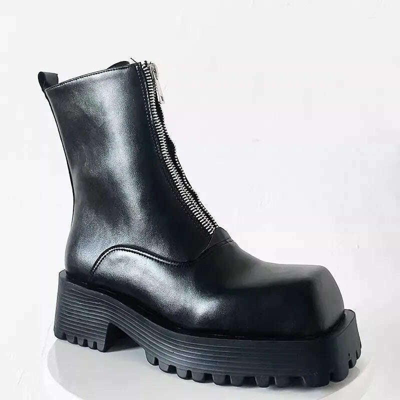 KIMLUD, Square Toe Zip Short Boots Male Couple Shoes Black Leather Chelsea Boots for Men Women Mid Top Thick Sole Ankle Boots Size35-44, as pic / 35, KIMLUD APPAREL - Womens Clothes
