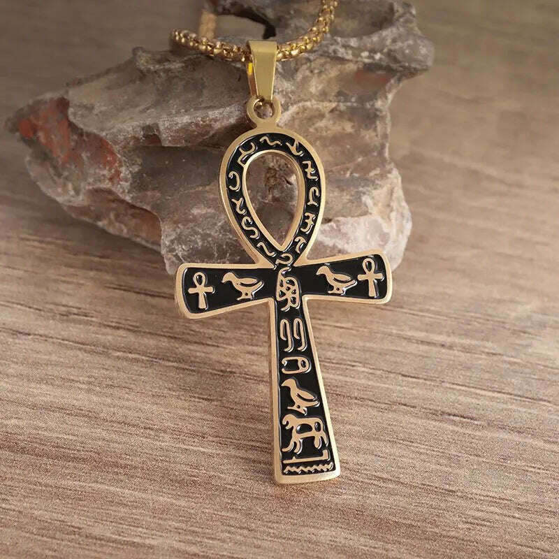 Stainless Steel Ancient Egyptian Ankh Cross Totem Pendant Necklace Men's Pharaoh Life Key Amulet Jewelry - KIMLUD