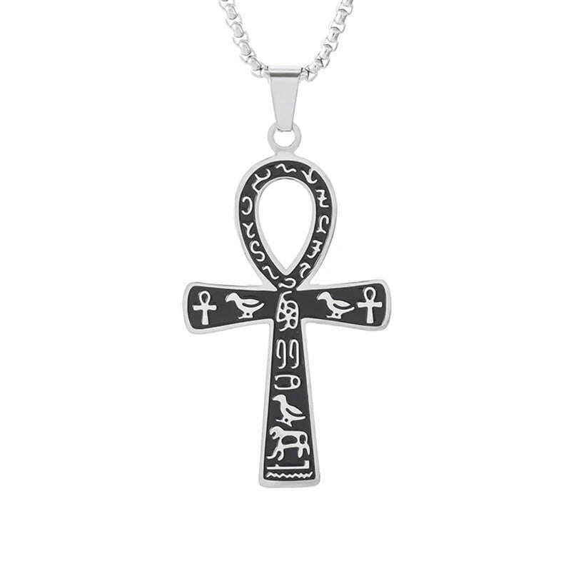 Stainless Steel Ancient Egyptian Ankh Cross Totem Pendant Necklace Men's Pharaoh Life Key Amulet Jewelry - KIMLUD