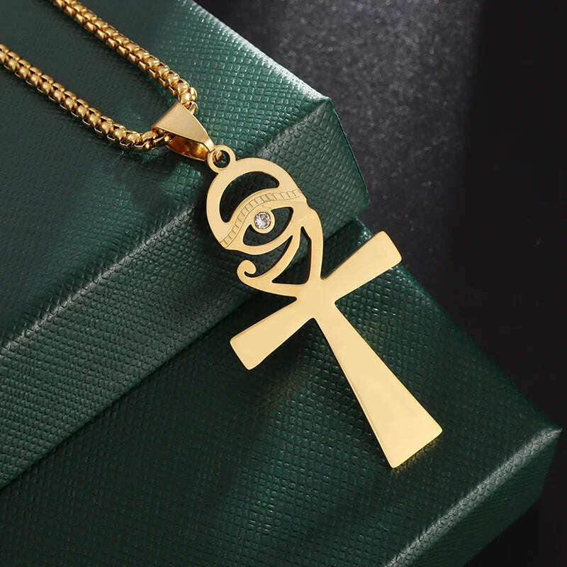 Stainless Steel Ancient Egyptian Ankh Cross Totem Pendant Necklace Men's Pharaoh Life Key Amulet Jewelry - KIMLUD