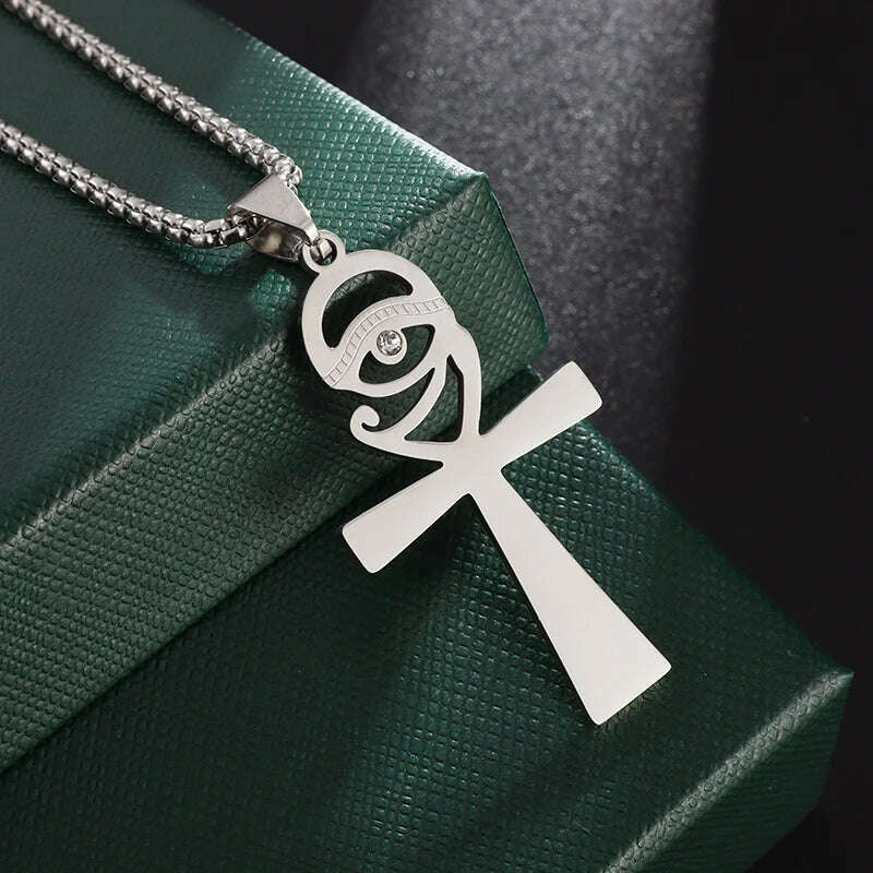 Stainless Steel Ancient Egyptian Ankh Cross Totem Pendant Necklace Men's Pharaoh Life Key Amulet Jewelry - KIMLUD