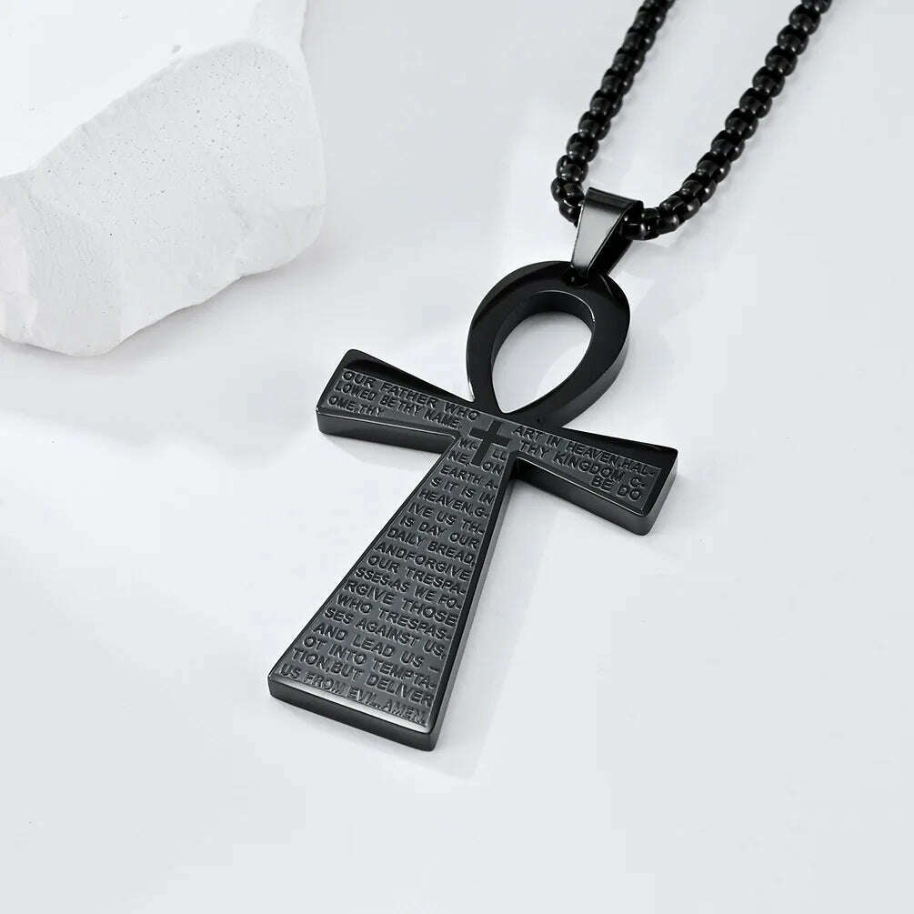 Stainless Steel Ancient Egyptian Ankh Cross Totem Pendant Necklace Men's Pharaoh Life Key Amulet Jewelry - KIMLUD