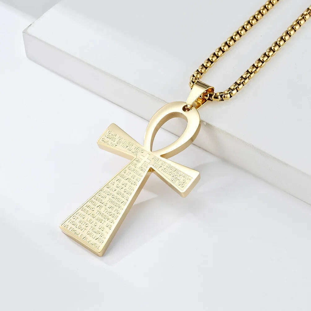 Stainless Steel Ancient Egyptian Ankh Cross Totem Pendant Necklace Men's Pharaoh Life Key Amulet Jewelry - KIMLUD