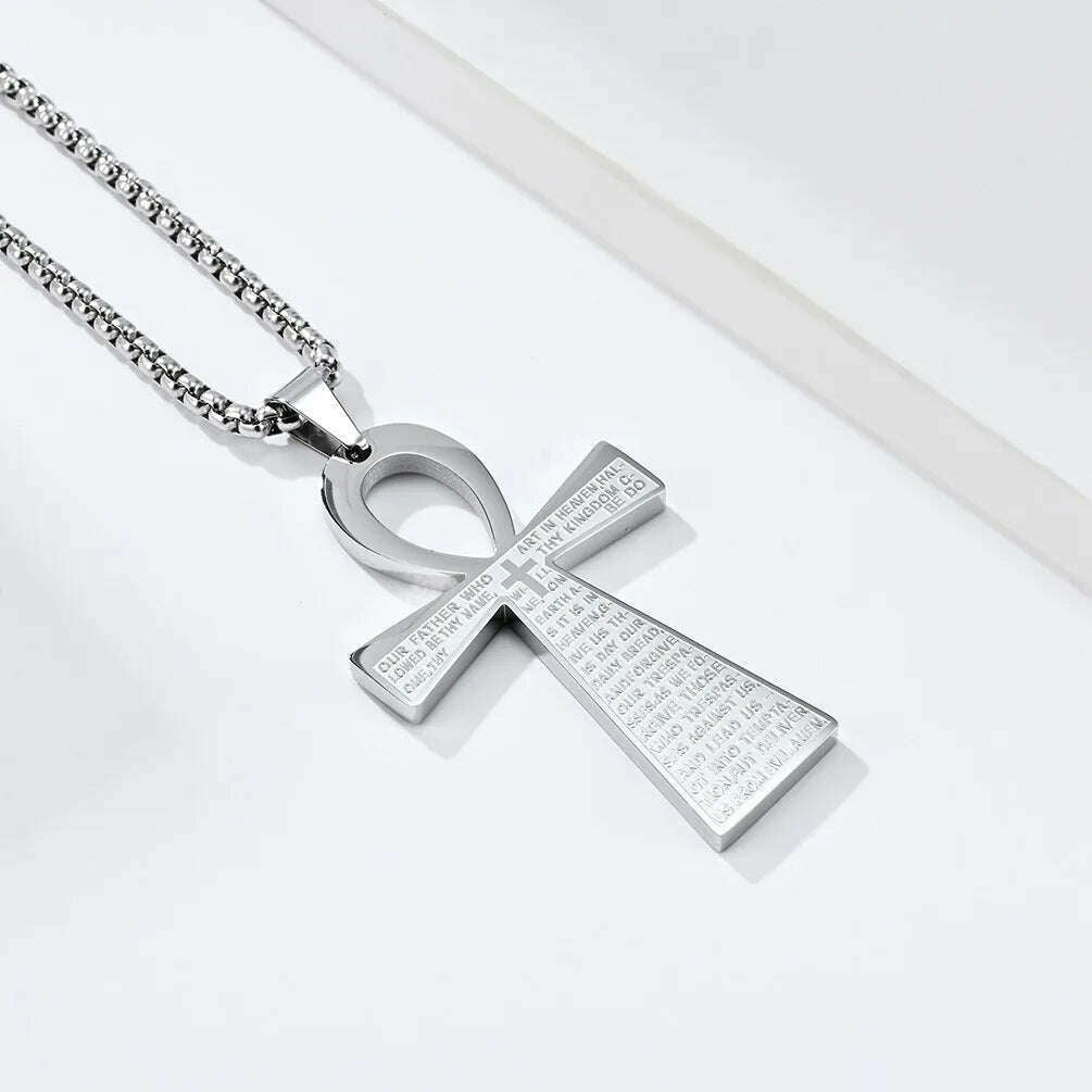 Stainless Steel Ancient Egyptian Ankh Cross Totem Pendant Necklace Men's Pharaoh Life Key Amulet Jewelry - KIMLUD