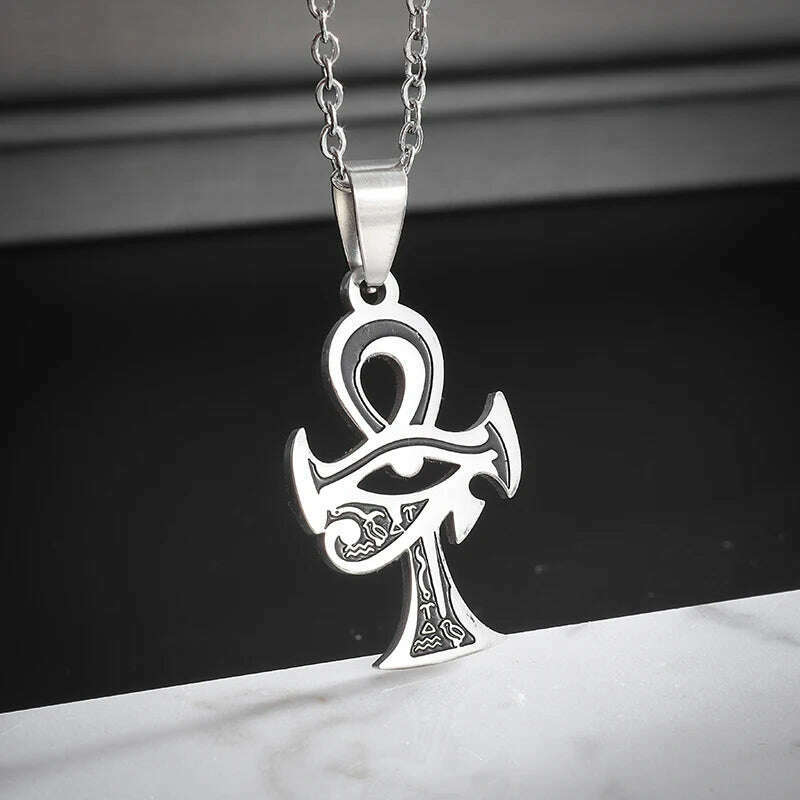 Stainless Steel Ancient Egyptian Ankh Cross Totem Pendant Necklace Men's Pharaoh Life Key Amulet Jewelry - KIMLUD