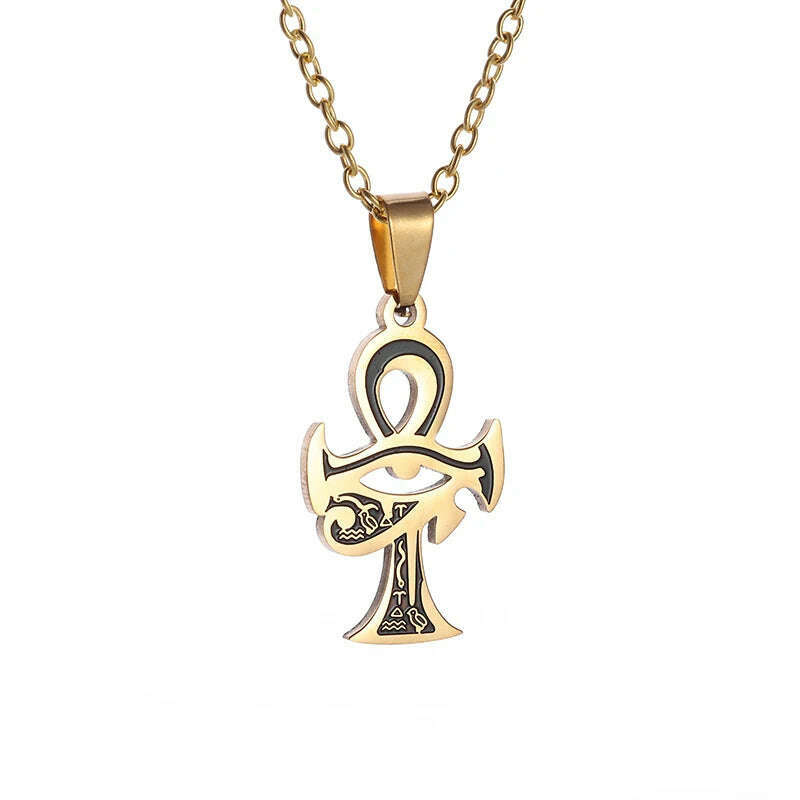 Stainless Steel Ancient Egyptian Ankh Cross Totem Pendant Necklace Men's Pharaoh Life Key Amulet Jewelry - KIMLUD