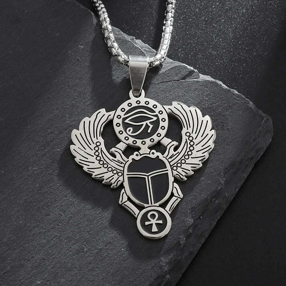 Stainless Steel Ancient Egyptian Ankh Cross Totem Pendant Necklace Men's Pharaoh Life Key Amulet Jewelry - KIMLUD