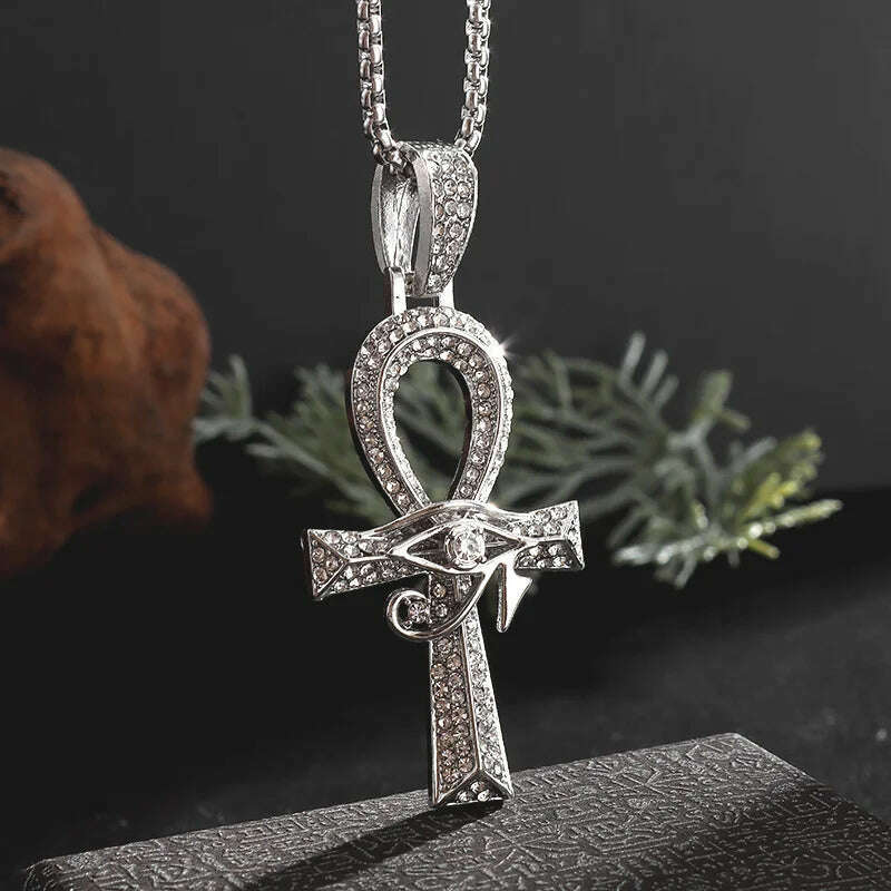 Stainless Steel Ancient Egyptian Ankh Cross Totem Pendant Necklace Men's Pharaoh Life Key Amulet Jewelry - KIMLUD