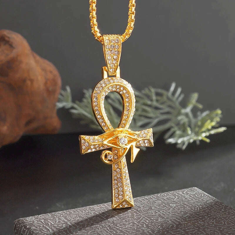 Stainless Steel Ancient Egyptian Ankh Cross Totem Pendant Necklace Men's Pharaoh Life Key Amulet Jewelry - KIMLUD
