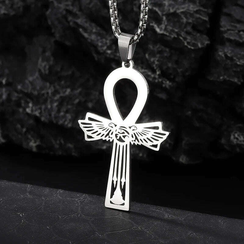 Stainless Steel Ancient Egyptian Ankh Cross Totem Pendant Necklace Men's Pharaoh Life Key Amulet Jewelry - KIMLUD
