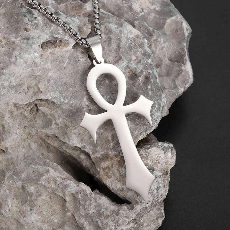 Stainless Steel Ancient Egyptian Ankh Cross Totem Pendant Necklace Men's Pharaoh Life Key Amulet Jewelry - KIMLUD