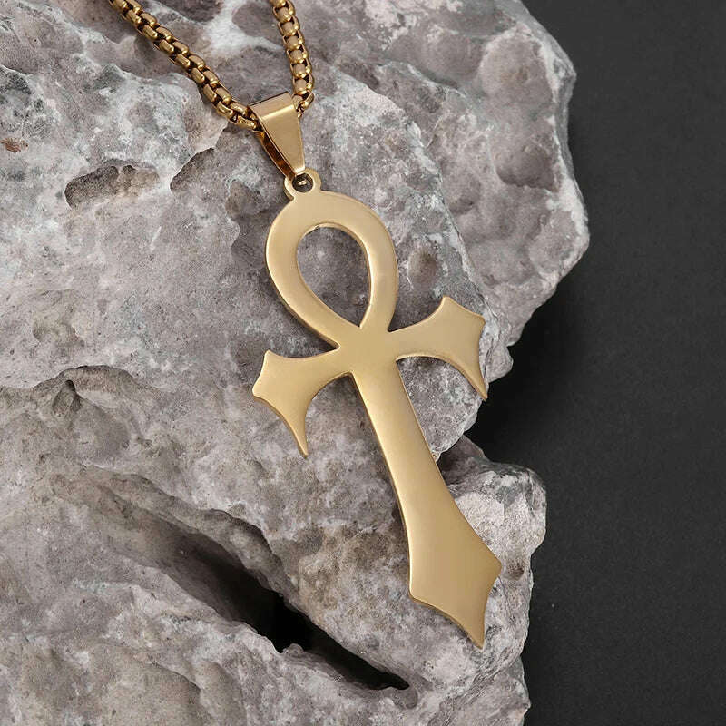 Stainless Steel Ancient Egyptian Ankh Cross Totem Pendant Necklace Men's Pharaoh Life Key Amulet Jewelry - KIMLUD