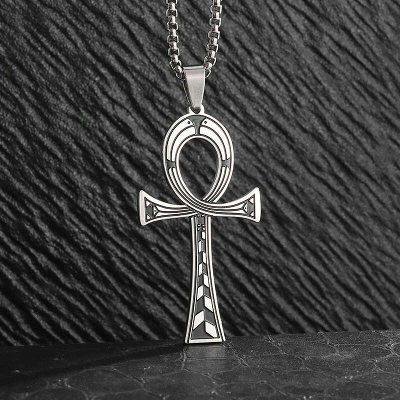 Stainless Steel Ancient Egyptian Ankh Cross Totem Pendant Necklace Men's Pharaoh Life Key Amulet Jewelry - KIMLUD