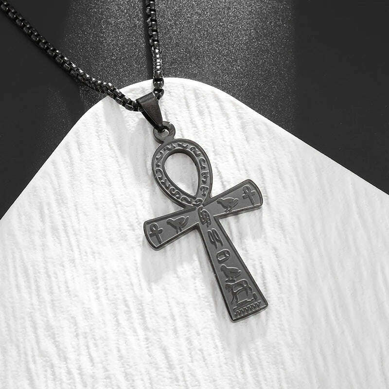 Stainless Steel Ancient Egyptian Ankh Cross Totem Pendant Necklace Men's Pharaoh Life Key Amulet Jewelry - KIMLUD