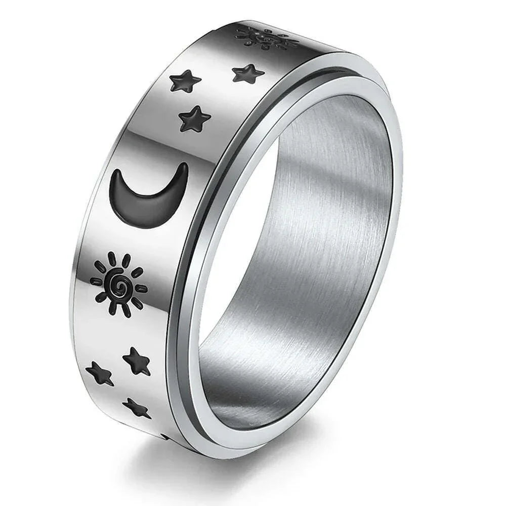 KIMLUD, Stainless Steel Fidget Relax Spinner Rings Women Man Fashion Moon Star Sun Fine Tuning Rotating Ring Jewelry Gift For Anxiety, KIMLUD Womens Clothes