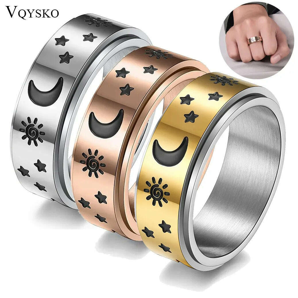 KIMLUD, Stainless Steel Fidget Relax Spinner Rings Women Man Fashion Moon Star Sun Fine Tuning Rotating Ring Jewelry Gift For Anxiety, KIMLUD Womens Clothes