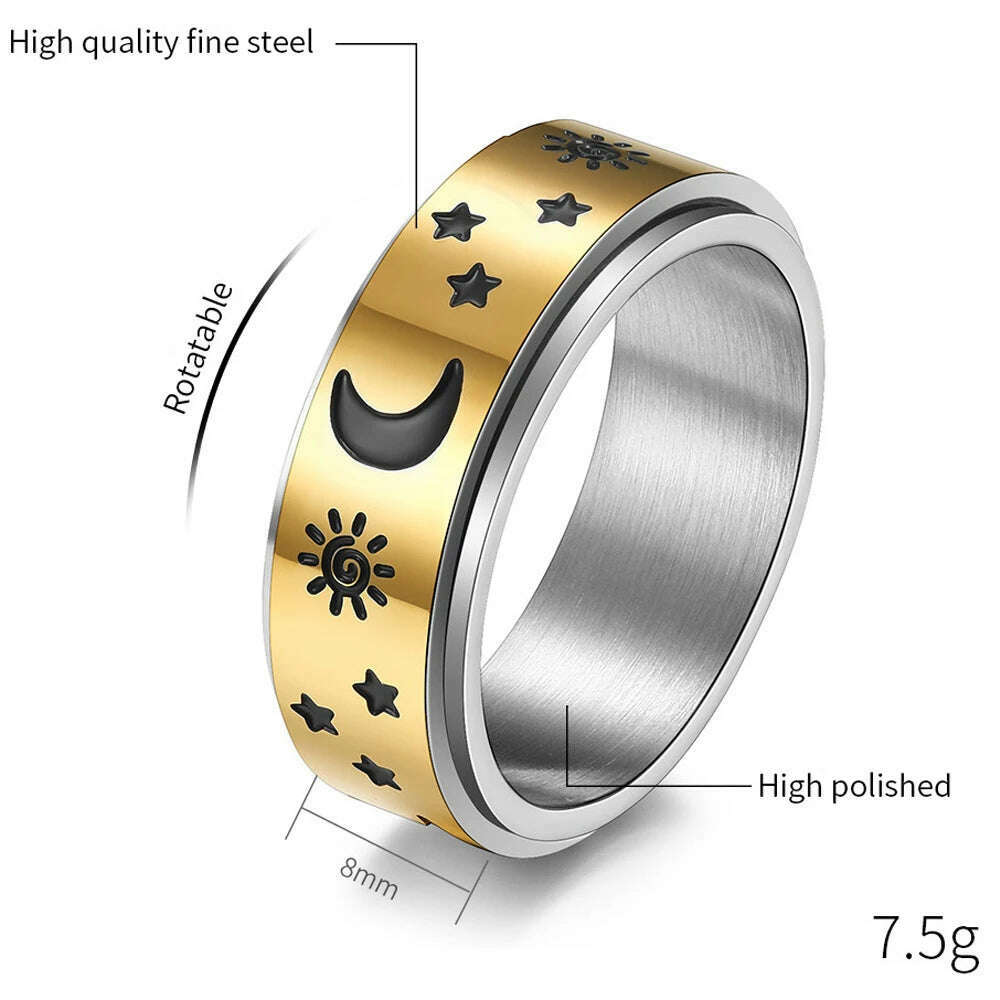 KIMLUD, Stainless Steel Fidget Relax Spinner Rings Women Man Fashion Moon Star Sun Fine Tuning Rotating Ring Jewelry Gift For Anxiety, KIMLUD Womens Clothes