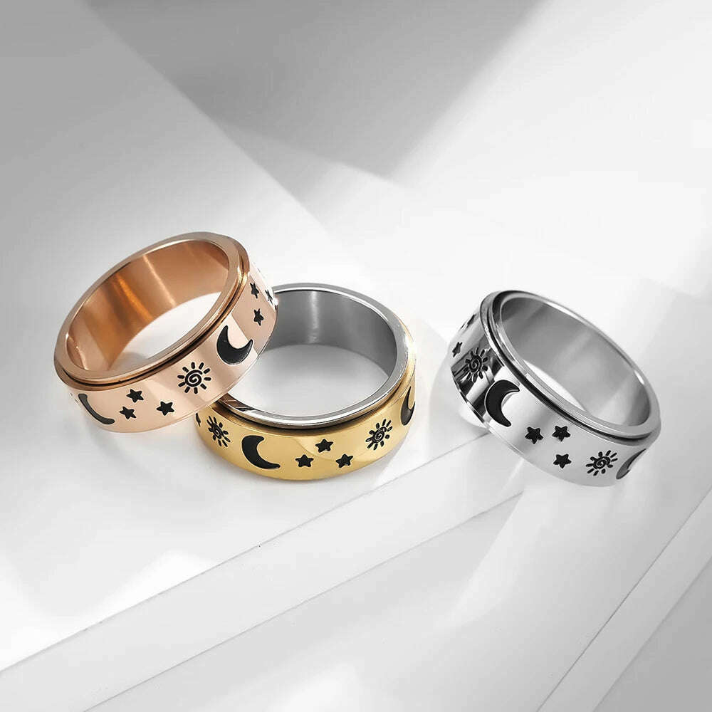 KIMLUD, Stainless Steel Fidget Relax Spinner Rings Women Man Fashion Moon Star Sun Fine Tuning Rotating Ring Jewelry Gift For Anxiety, KIMLUD Womens Clothes