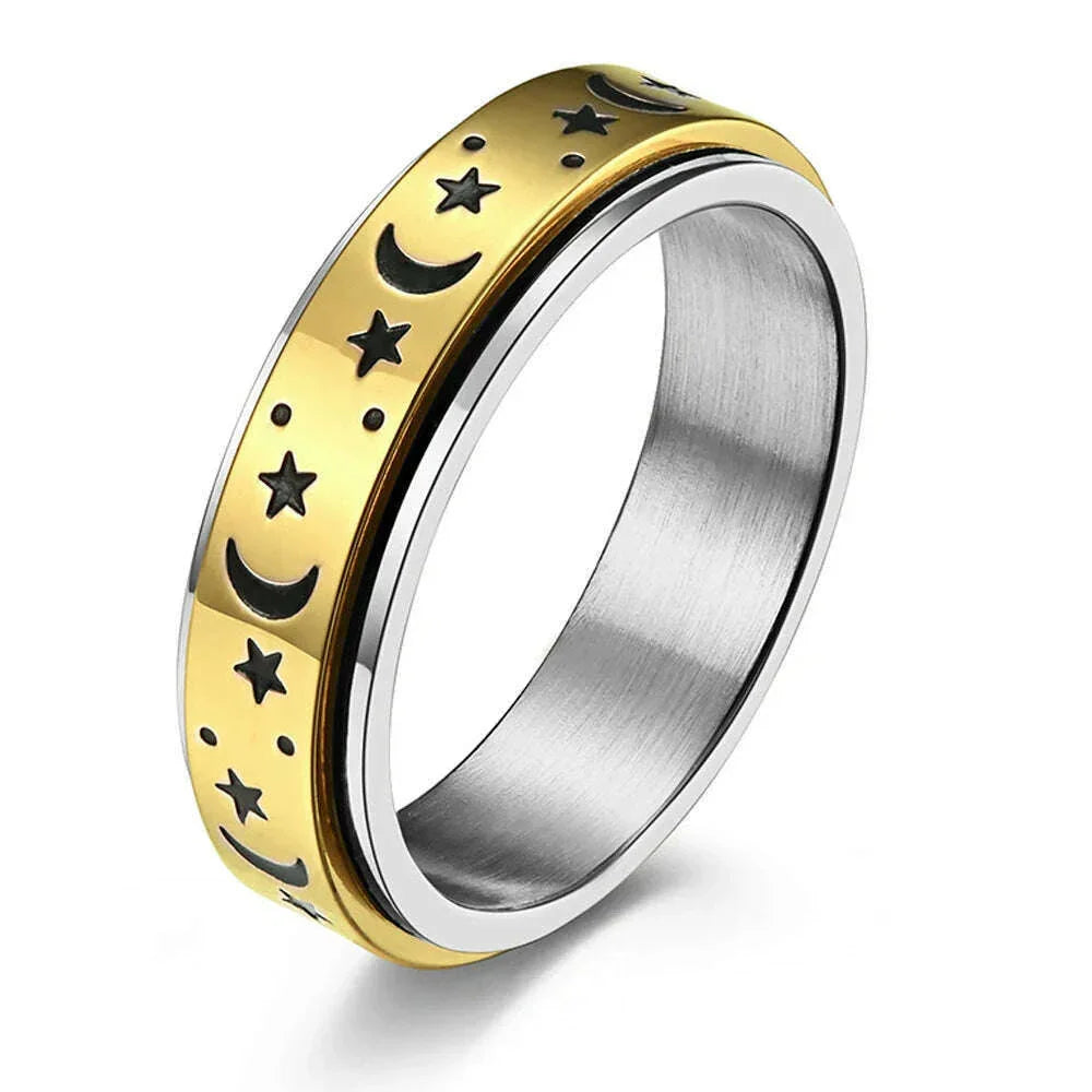 KIMLUD, Stainless Steel Fidget Relax Spinner Rings Women Man Fashion Moon Star Sun Fine Tuning Rotating Ring Jewelry Gift For Anxiety, KIMLUD Womens Clothes
