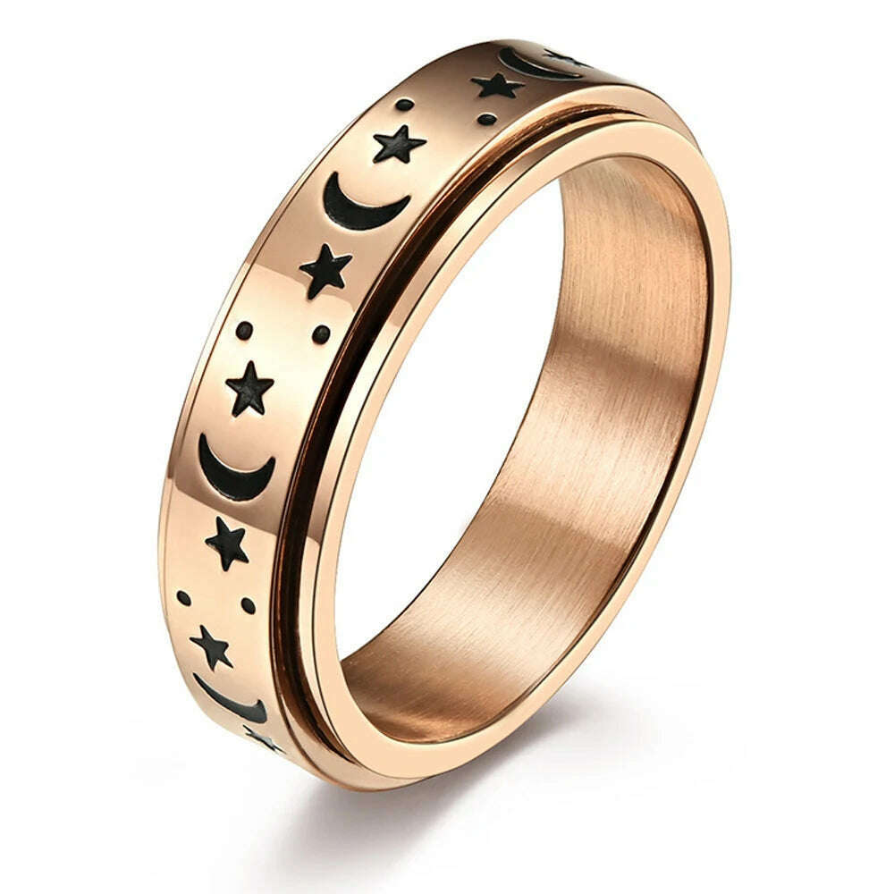 KIMLUD, Stainless Steel Fidget Relax Spinner Rings Women Man Fashion Moon Star Sun Fine Tuning Rotating Ring Jewelry Gift For Anxiety, RR1005-R / 6, KIMLUD APPAREL - Womens Clothes