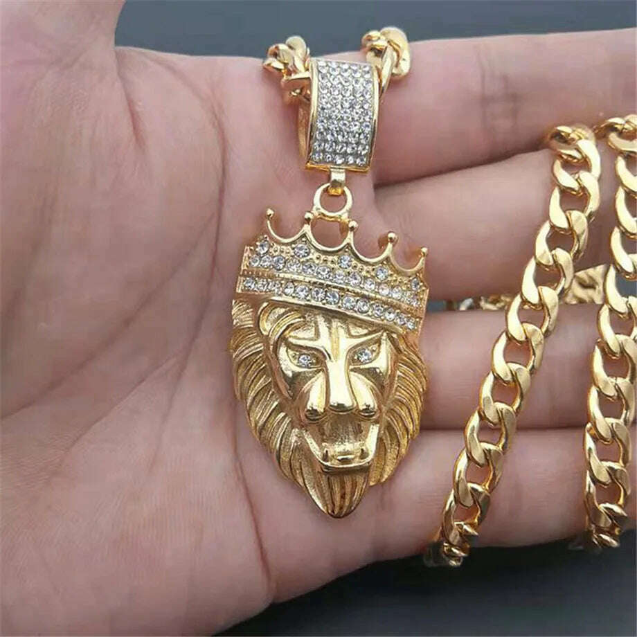 KIMLUD, Stainless Steel Lion Chain Head Pendant Iced Out Bling Crown Gold Animal Lion Necklace for Men/Women Hip Hop Jewelry Dropship, KIMLUD Womens Clothes