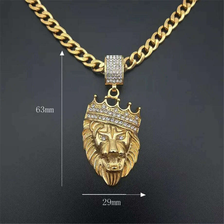KIMLUD, Stainless Steel Lion Chain Head Pendant Iced Out Bling Crown Gold Animal Lion Necklace for Men/Women Hip Hop Jewelry Dropship, KIMLUD Womens Clothes