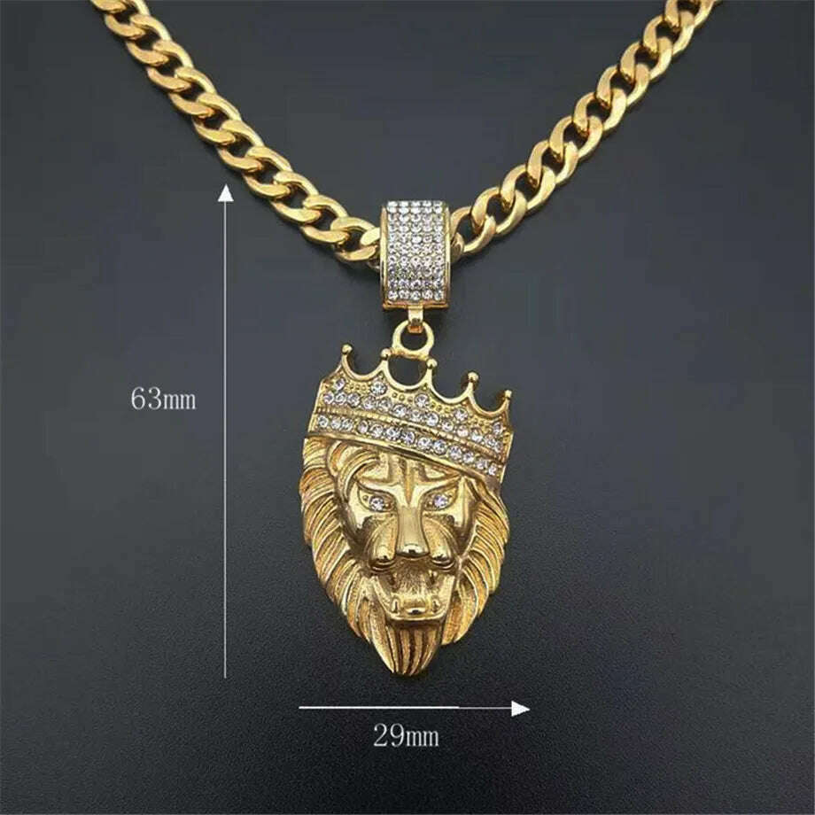 KIMLUD, Stainless Steel Lion Chain Head Pendant Iced Out Bling Crown Gold Animal Lion Necklace for Men/Women Hip Hop Jewelry Dropship, Gold Color / 48cm, KIMLUD Womens Clothes
