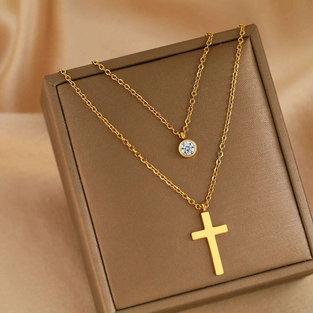 Stainless Steel Necklaces Prayer Baptism Gothic Cross Pendant Streetwear Male Layer Chain Grunge Necklace For Women Jewelry Gift - KIMLUD