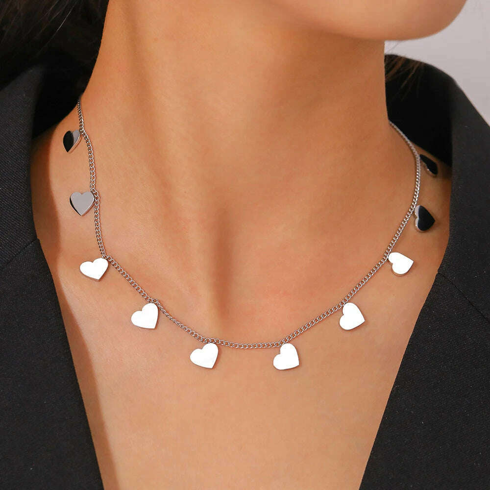 KIMLUD, Stainless Steel Necklaces Sweet Hearts Mini Pendants Temperament Female Chain Kpop Choker Trendy Necklace For Women Jewelry Gift, KIMLUD Womens Clothes