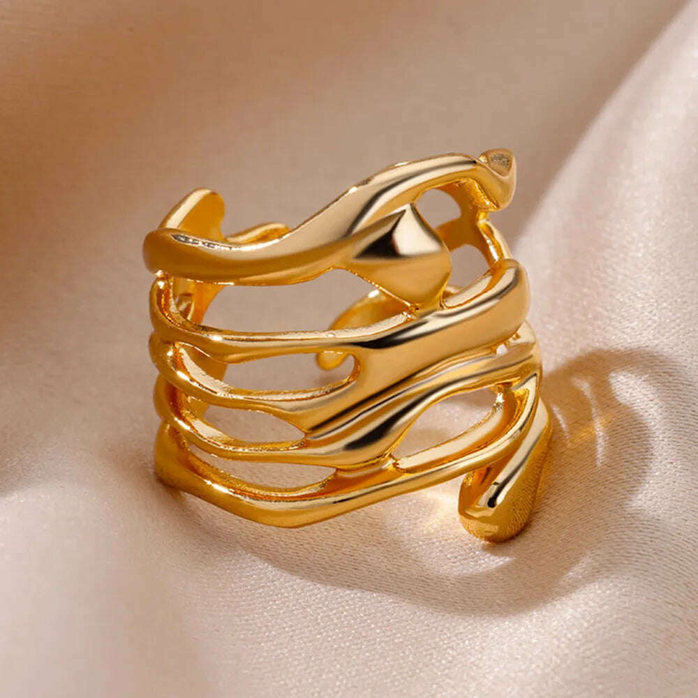 Stainless Steel Rings For Women Men Gold Color Hollow Wide Ring Female Male Engagement Wedding Party Finger Jewelry Gift Trend - KIMLUD